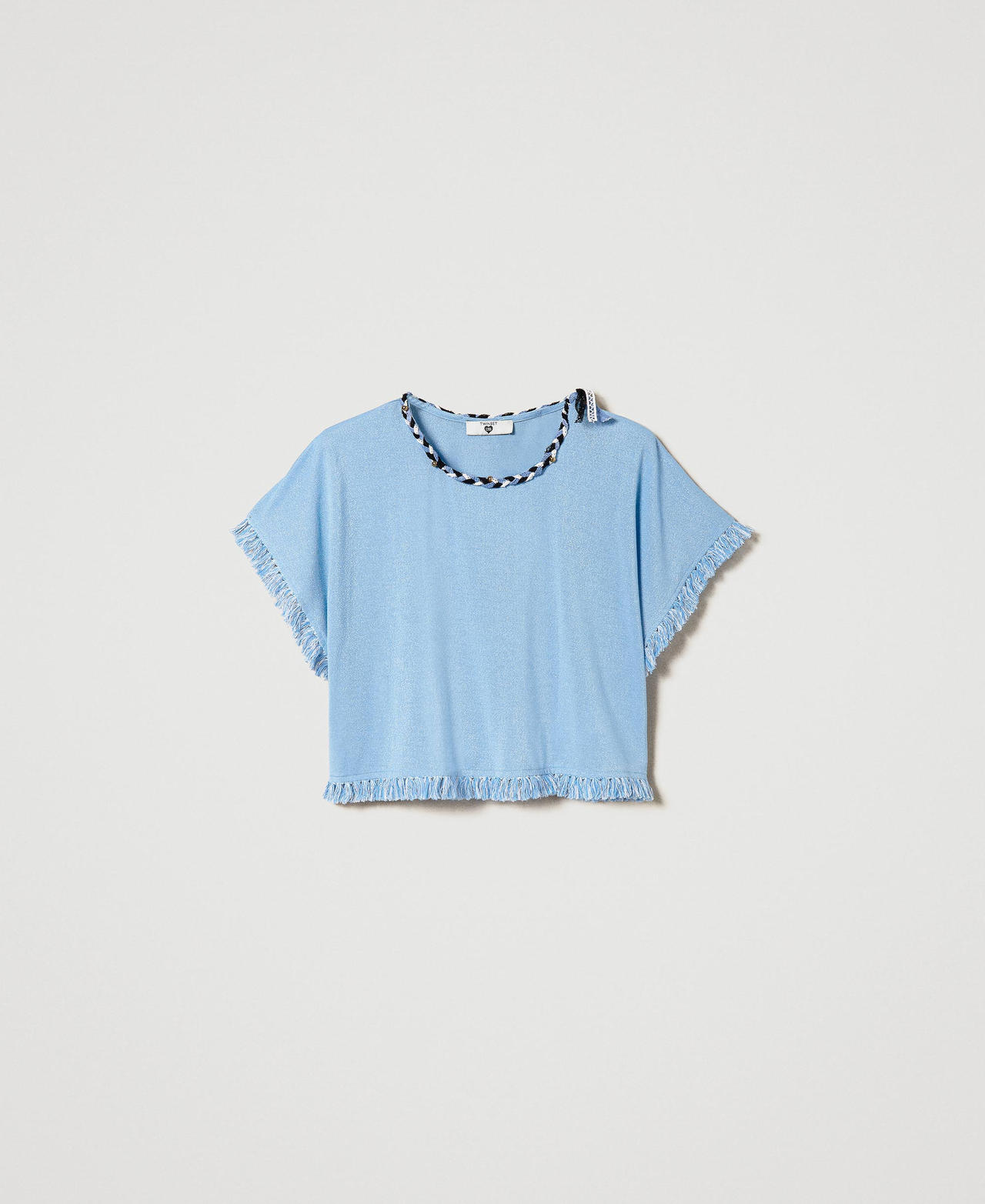 T-shirt with plaited lace and fringes Cornflower Blue Woman 241LM2HCC_00502_0S