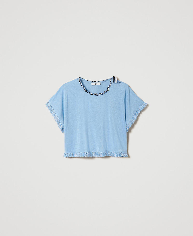 T-shirt with plaited lace and fringes Cornflower Blue Woman 241LM2HCC_00502_0S