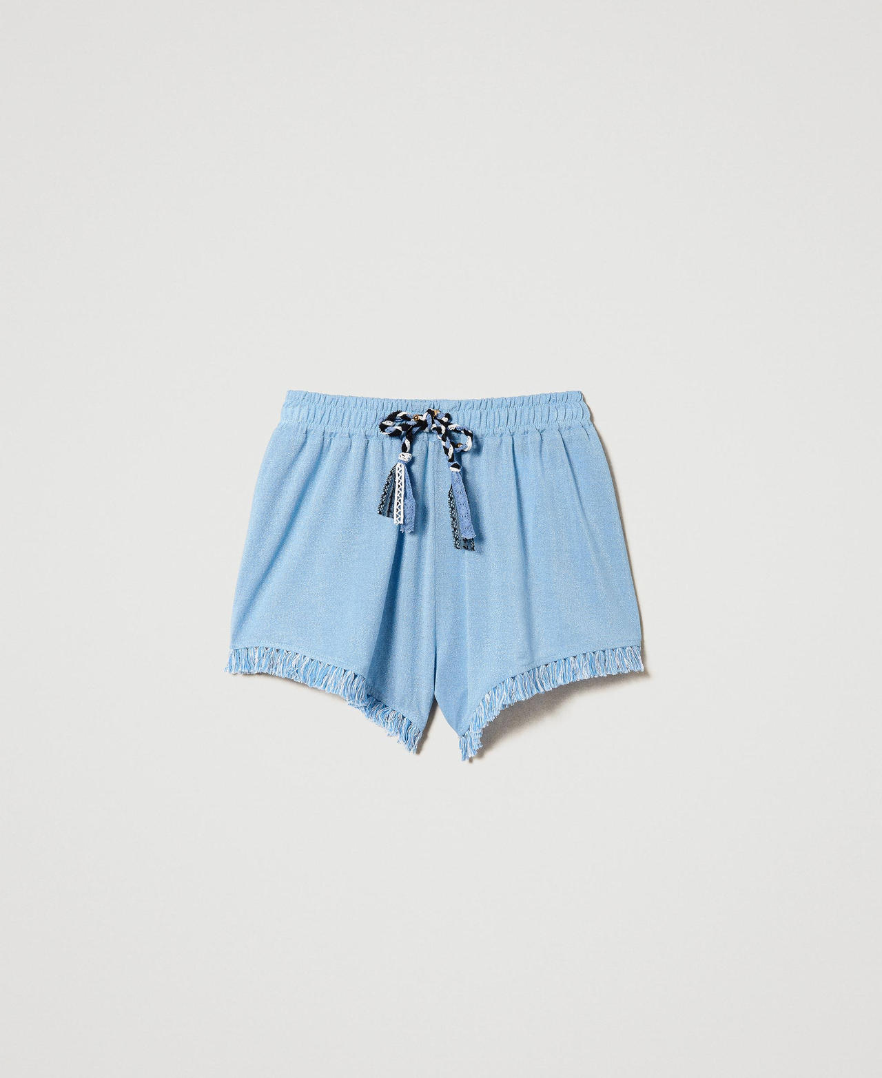 Shorts with plaited lace and fringes Cornflower Blue Woman 241LM2HDD_00502_0S