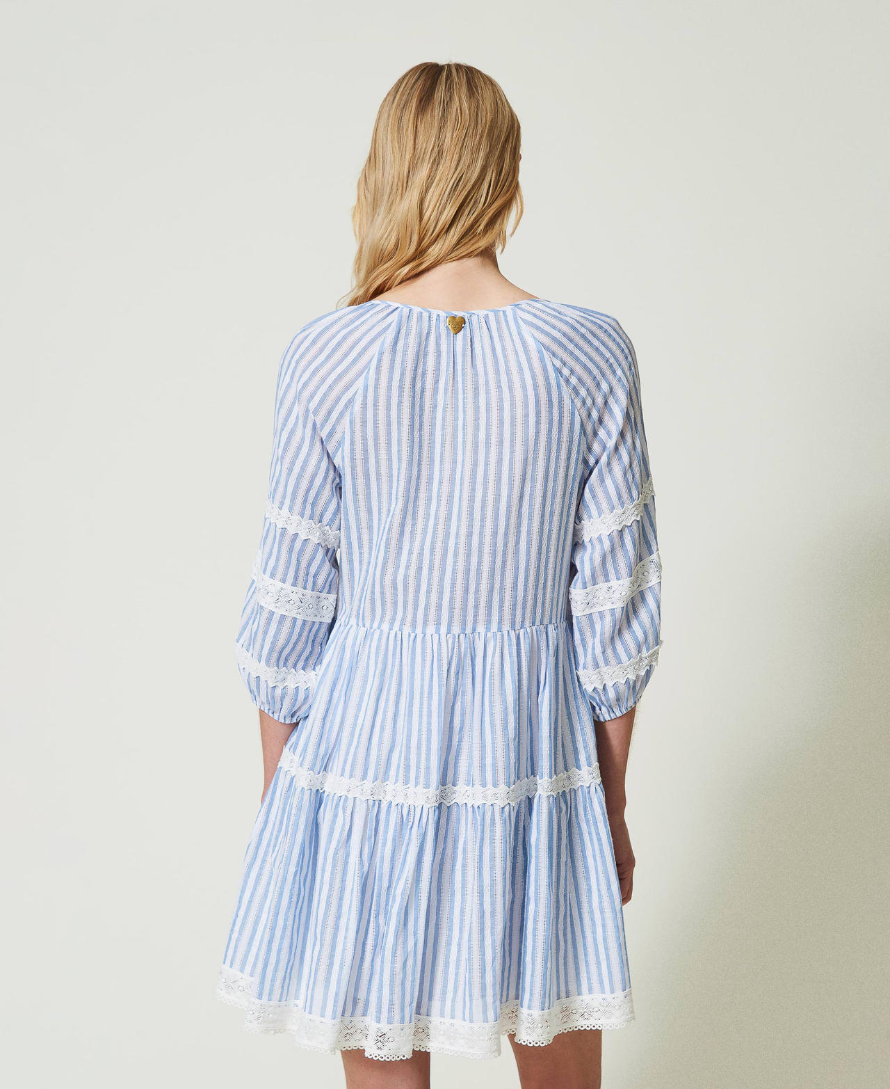Short jacquard dress with macramé Two-tone “Cornflower” Light Blue Stripe / Star White Woman 241LM2JAA-03