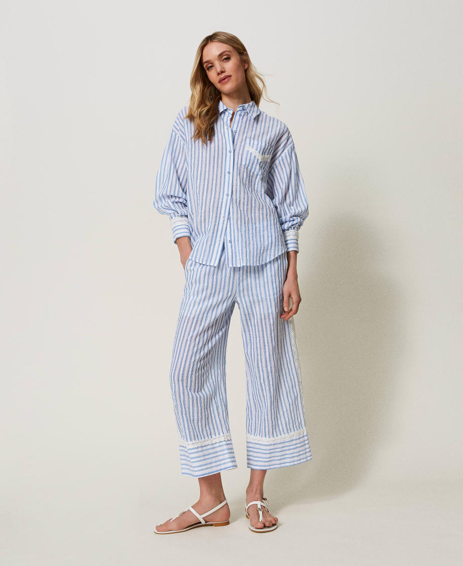 Jacquard palazzo trousers with macramé Two-tone “Cornflower” Light Blue Stripe / Star White Woman 241LM2JBB_11570_01