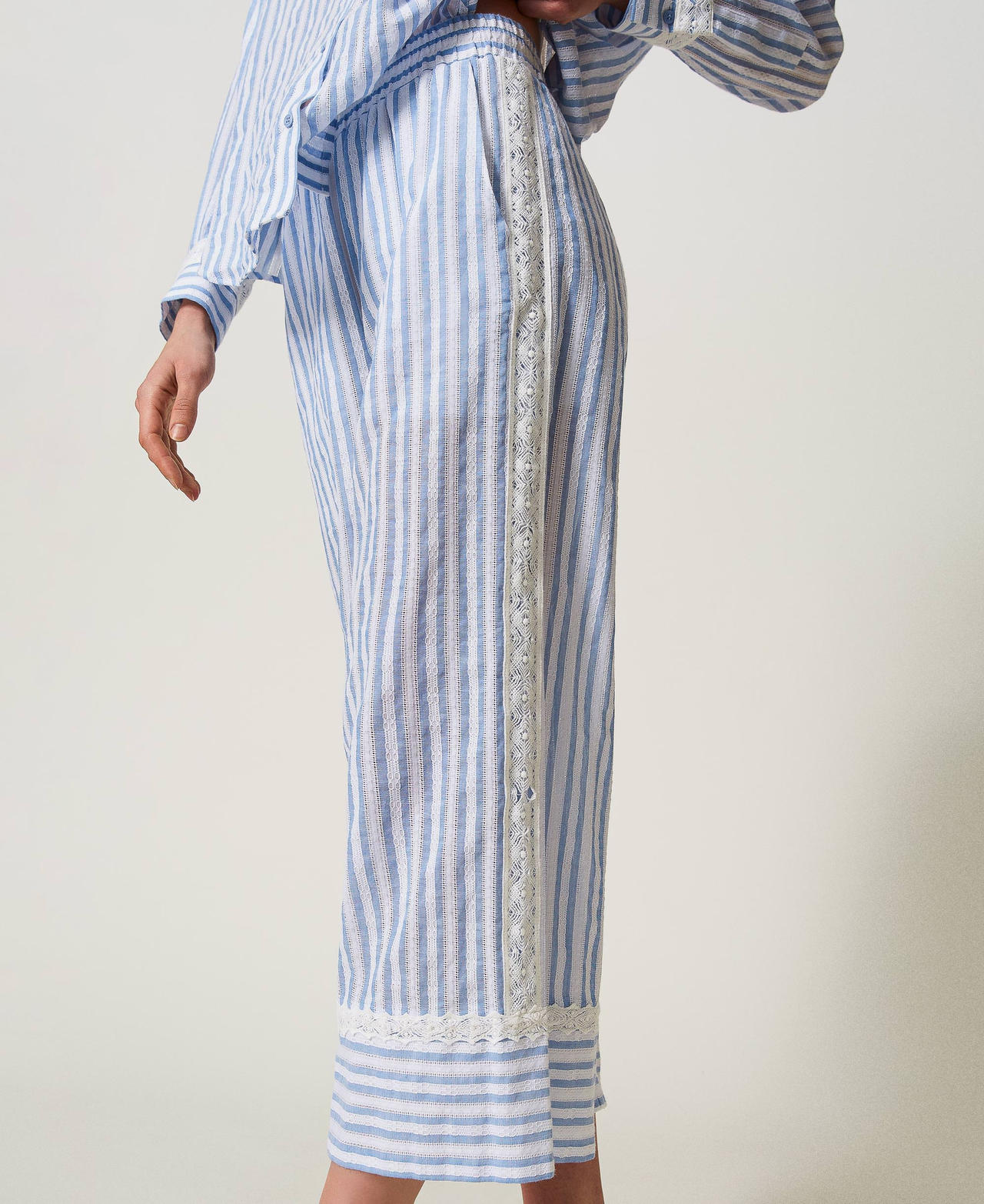 Jacquard palazzo trousers with macramé Two-tone “Cornflower” Light Blue Stripe / Star White Woman 241LM2JBB_11570_02