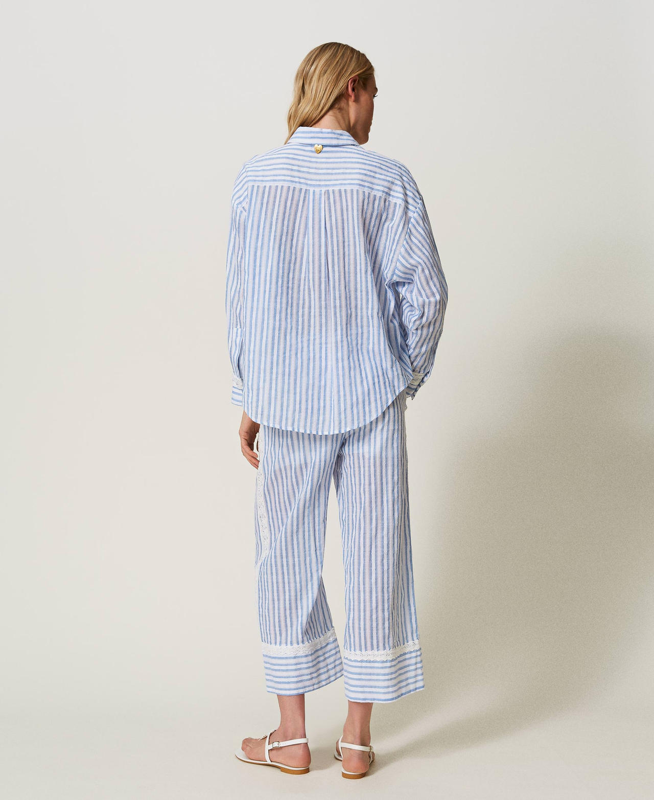 Jacquard palazzo trousers with macramé Two-tone “Cornflower” Light Blue Stripe / Star White Woman 241LM2JBB-03
