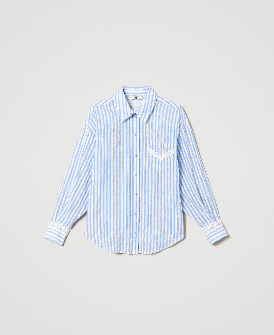 Jacquardhemd mit Makrameedetails Zweifarbig Streifen Kornblumenblau / Star White Frau 241LM2JCC_11570_0S