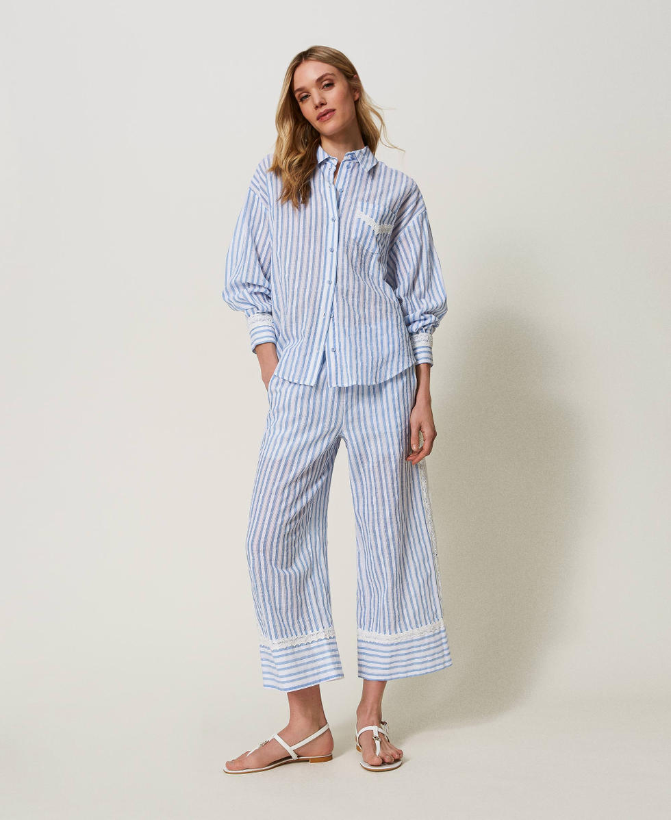 Jacquard shirt with macram&eacute; Two-tone &ldquo;Cornflower&rdquo; Light Blue Stripe / Star White Woman 241LM2JCC_11570_T0
