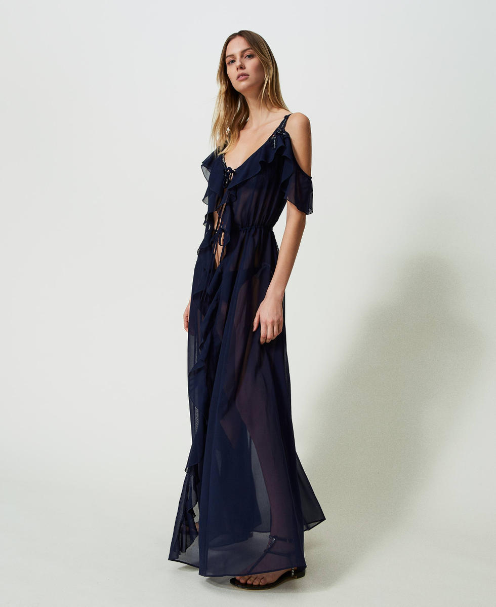 Langer Kaftan aus Georgette Blackout Blau Frau 241LM2LDD_00481_02