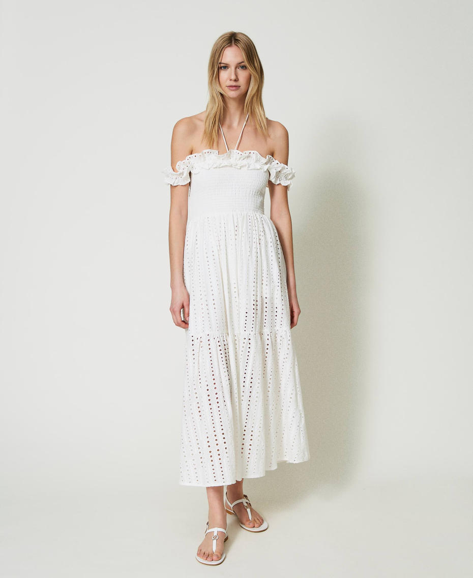 Long broderie anglaise dress with ruffles Star White Woman 241LM2MEE_10298_01