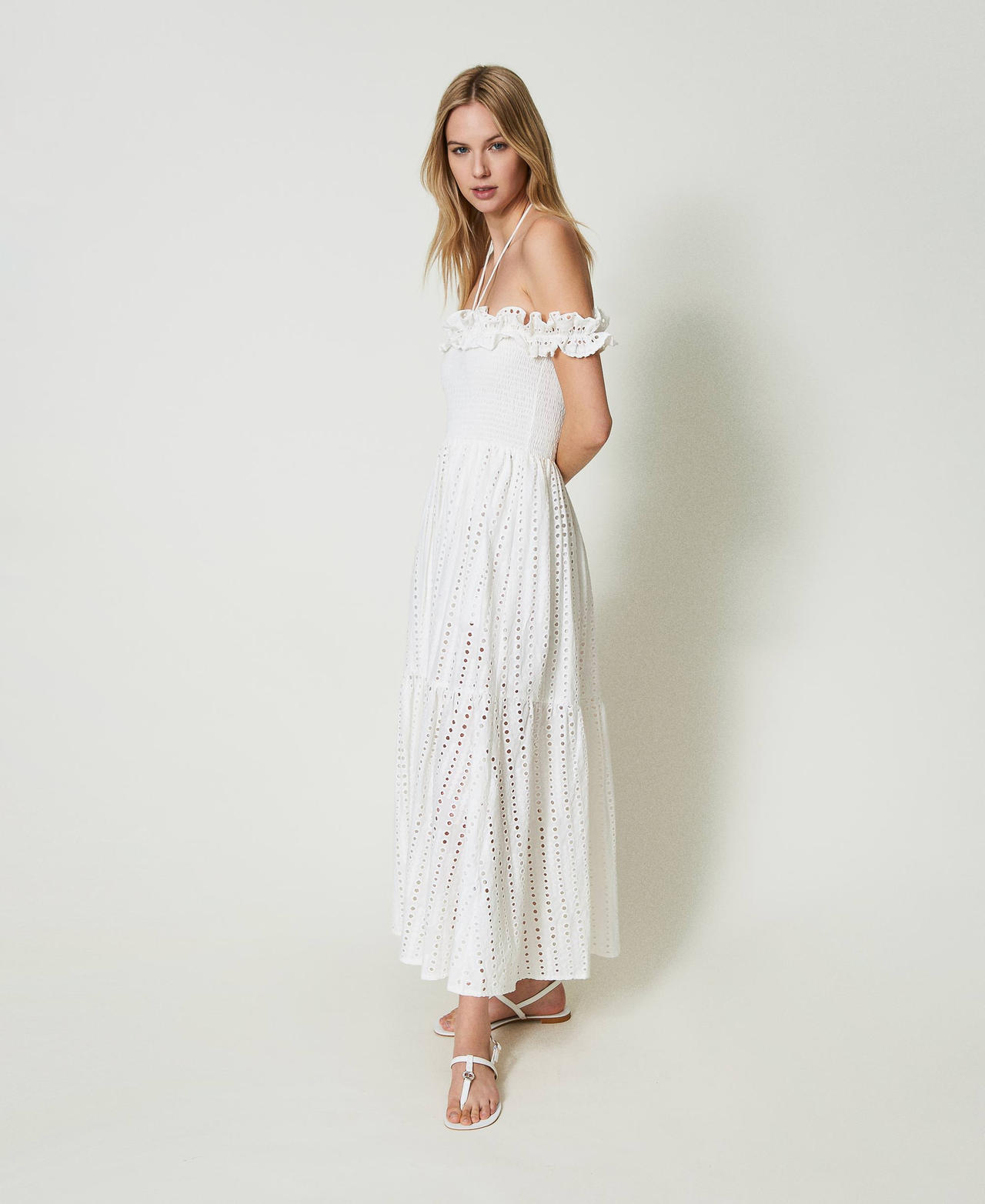 Long broderie anglaise dress with ruffles Star White Woman 241LM2MEE-02