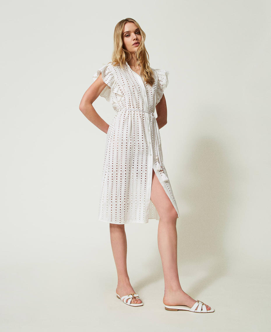 Broderie anglaise kaftan shirt dress with ruffles Star White Woman 241LM2MFF_10298_01