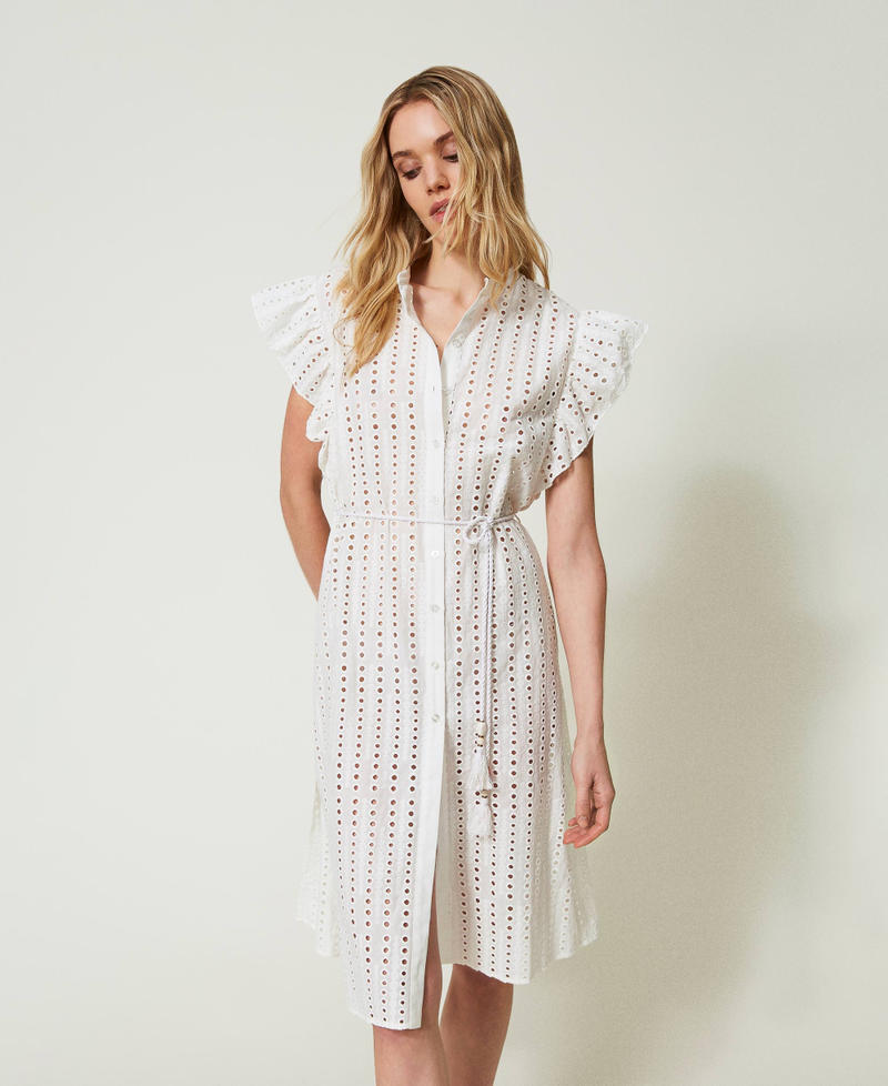 Broderie anglaise kaftan shirt dress with ruffles Star White Woman 241LM2MFF_10298_02