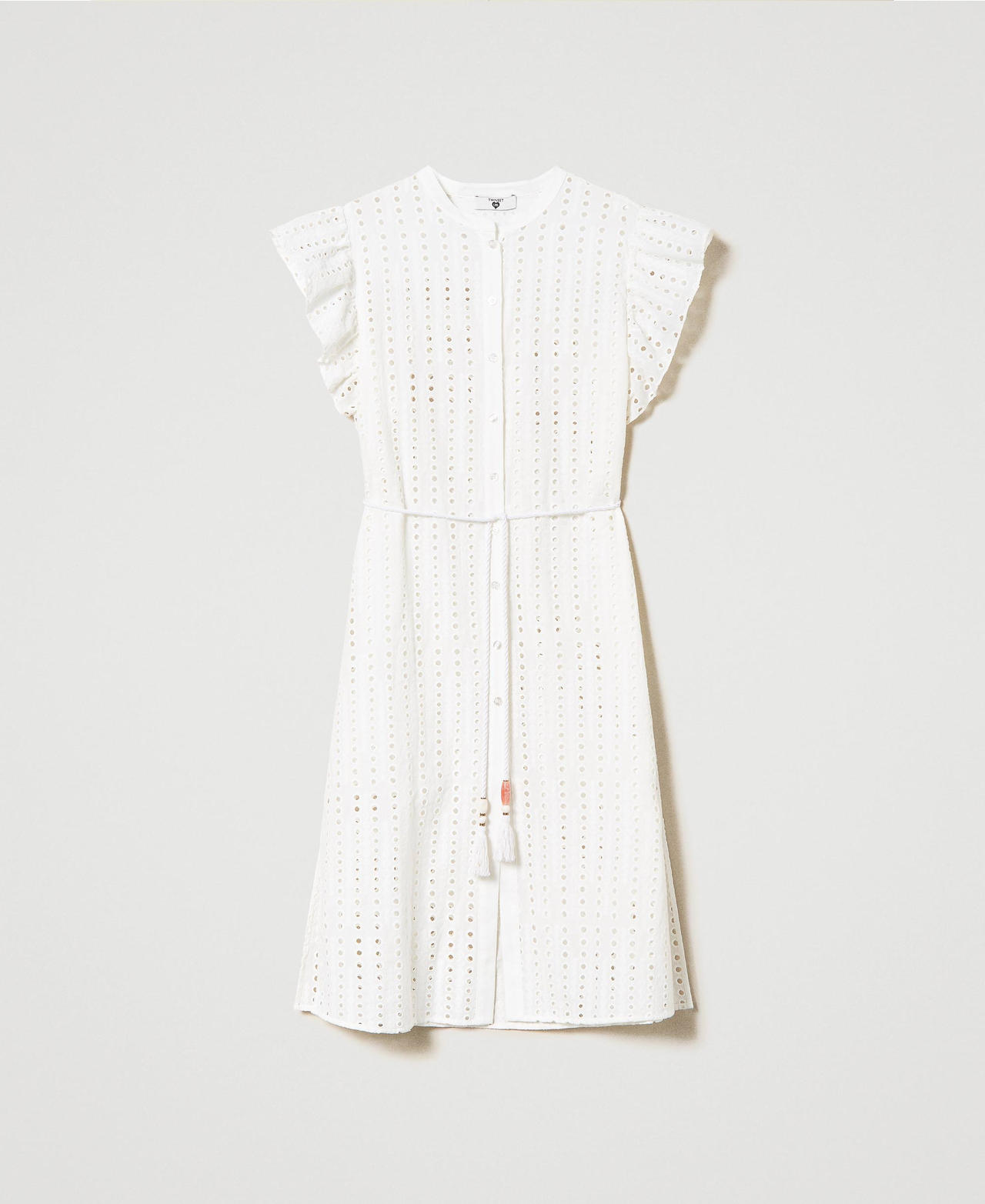 Broderie anglaise kaftan shirt dress with ruffles Star White Woman 241LM2MFF_10298_0S