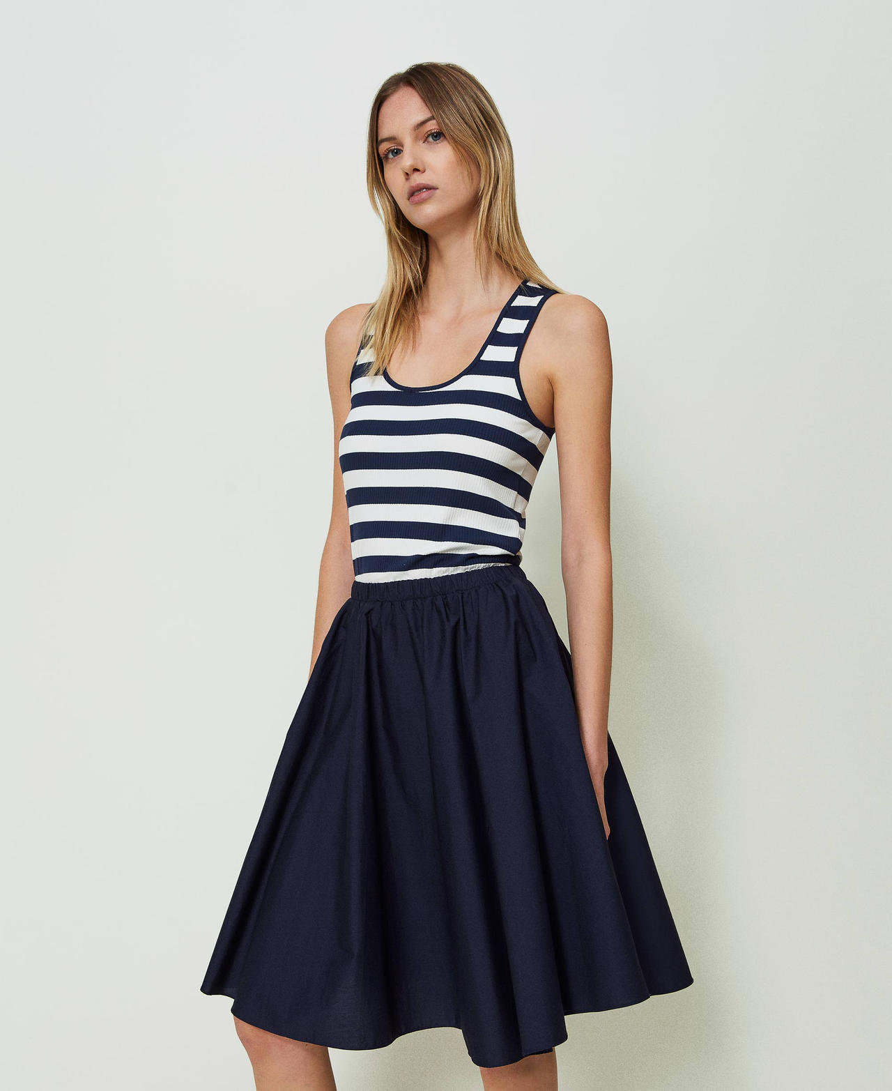 Knit and poplin midi dress Two-tone “Blackout” Black / Star White Stripe Woman 241LM2NBB_11582_02