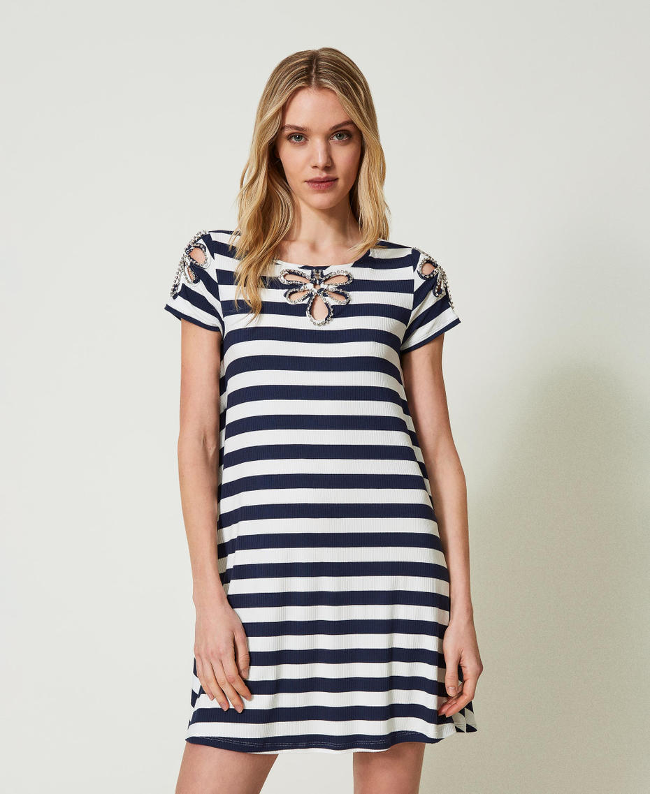 Short jacquard dress with embroidery Two-Tone “Blackout” Black / Star White Stripe Woman 241LM2PCC_11572_01