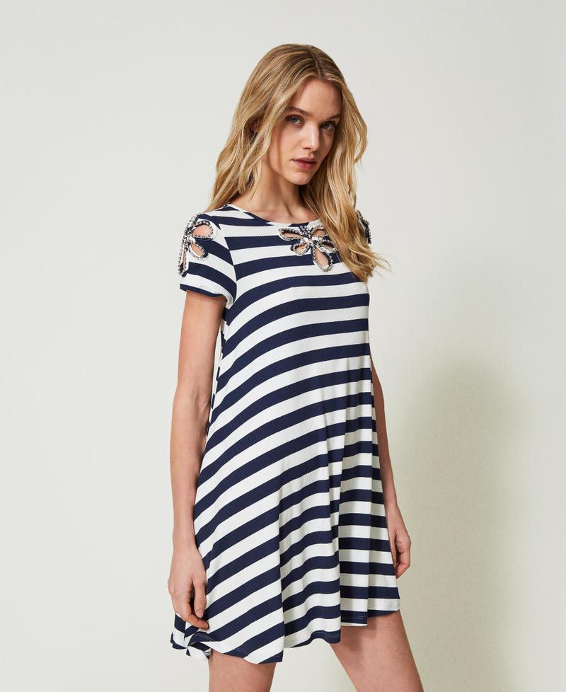 Short jacquard dress with embroidery Two-Tone “Blackout” Black / Star White Stripe Woman 241LM2PCC_11572_02