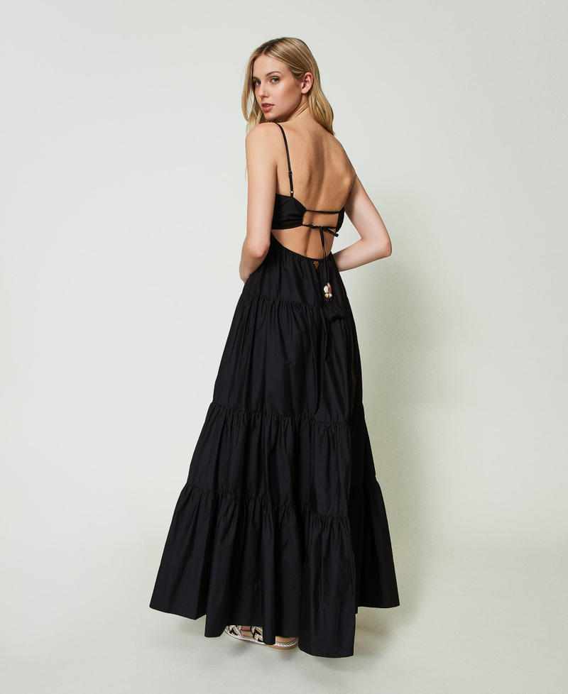 Long poplin dress with pleats and flounces Black Woman 241LM2QCC_00006_01