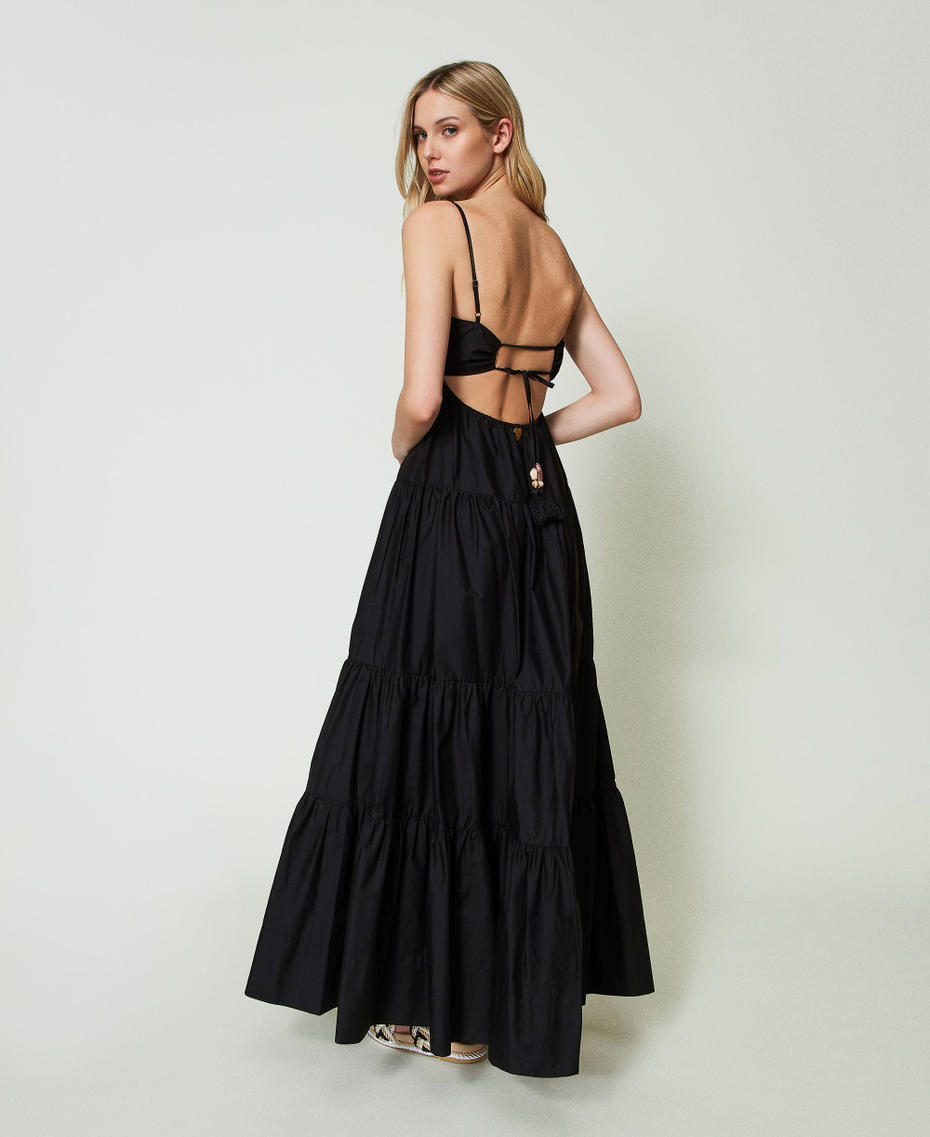 Long poplin dress with pleats and flounces Black Woman 241LM2QCC_00006_01