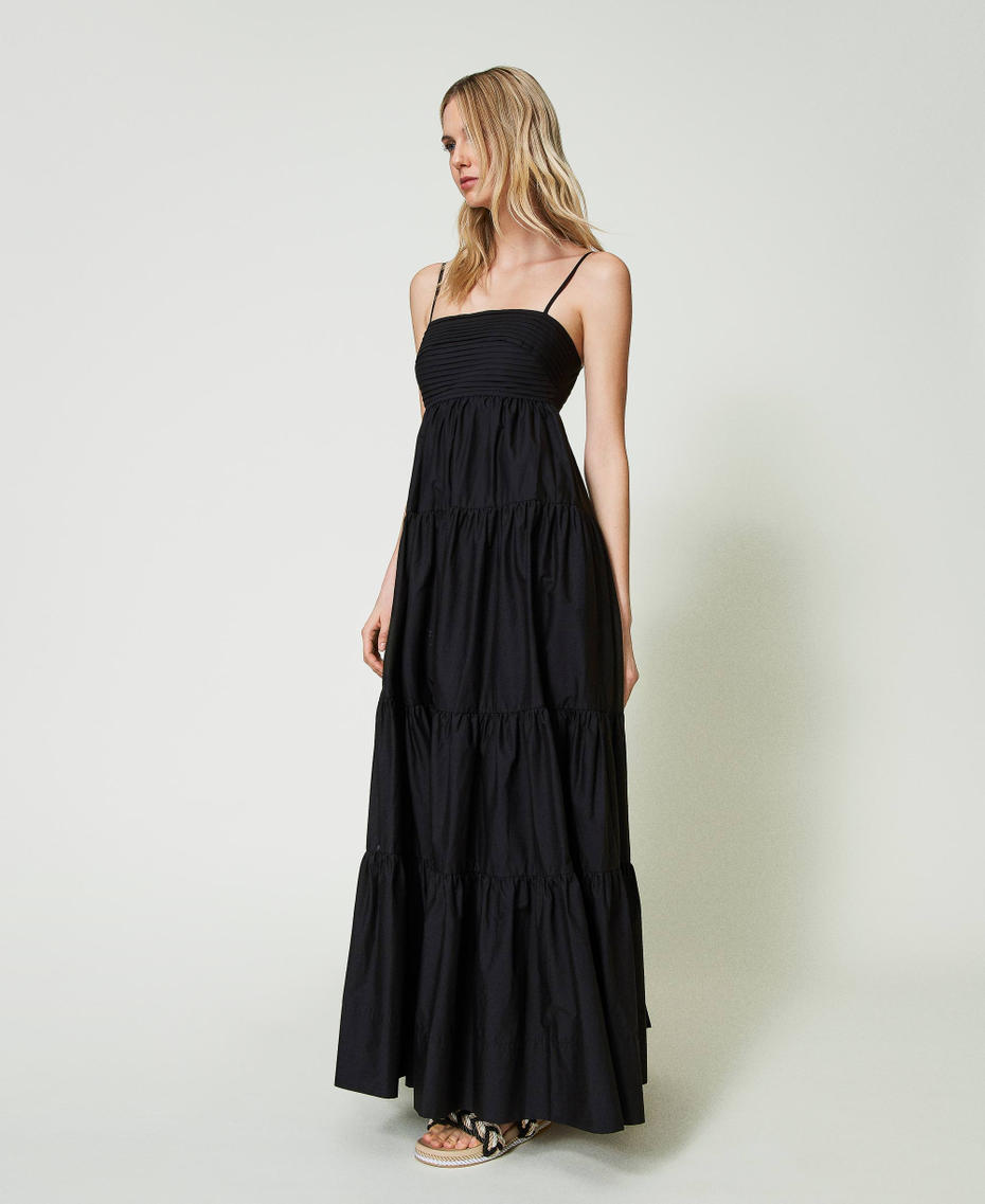 Long poplin dress with pleats and flounces Black Woman 241LM2QCC_00006_03