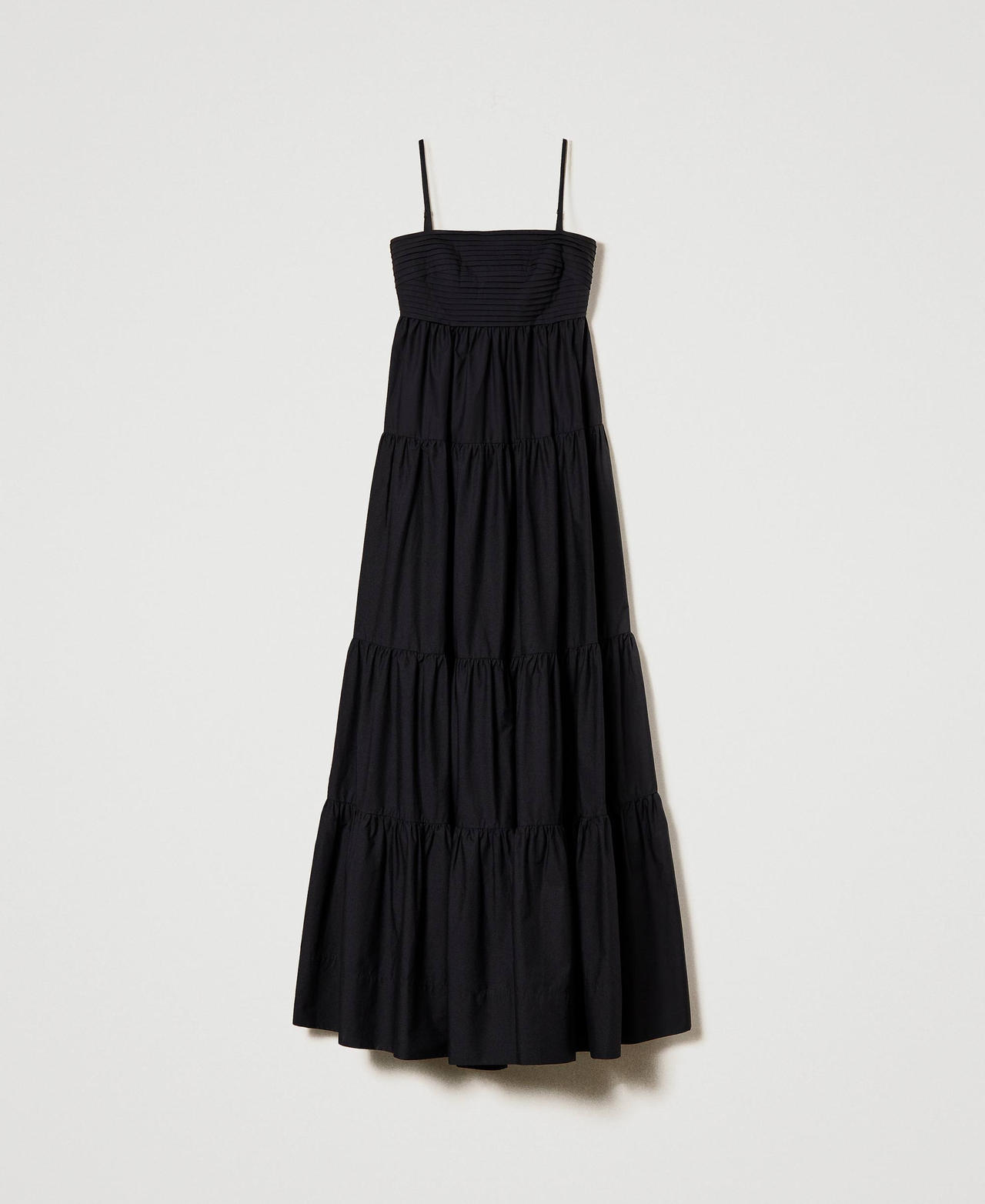 Long poplin dress with pleats and flounces Black Woman 241LM2QCC_00006_0S