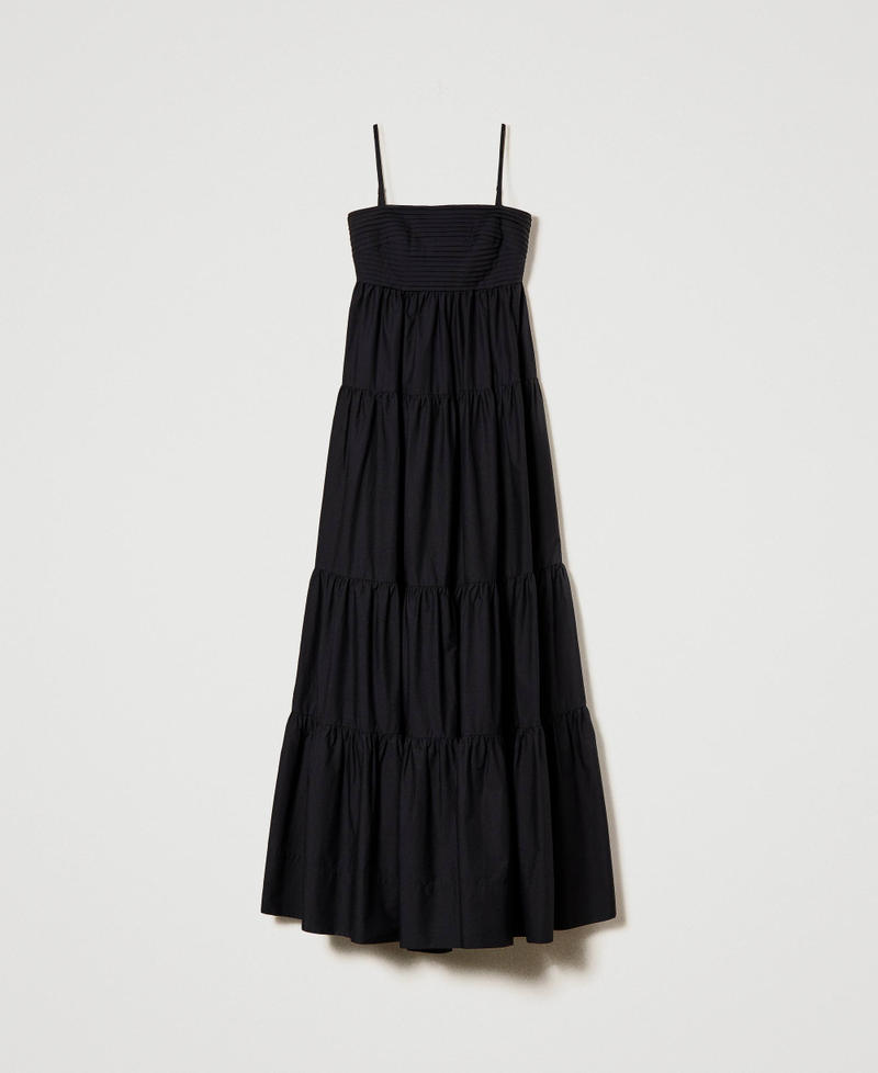 Long poplin dress with pleats and flounces Black Woman 241LM2QCC_00006_S0