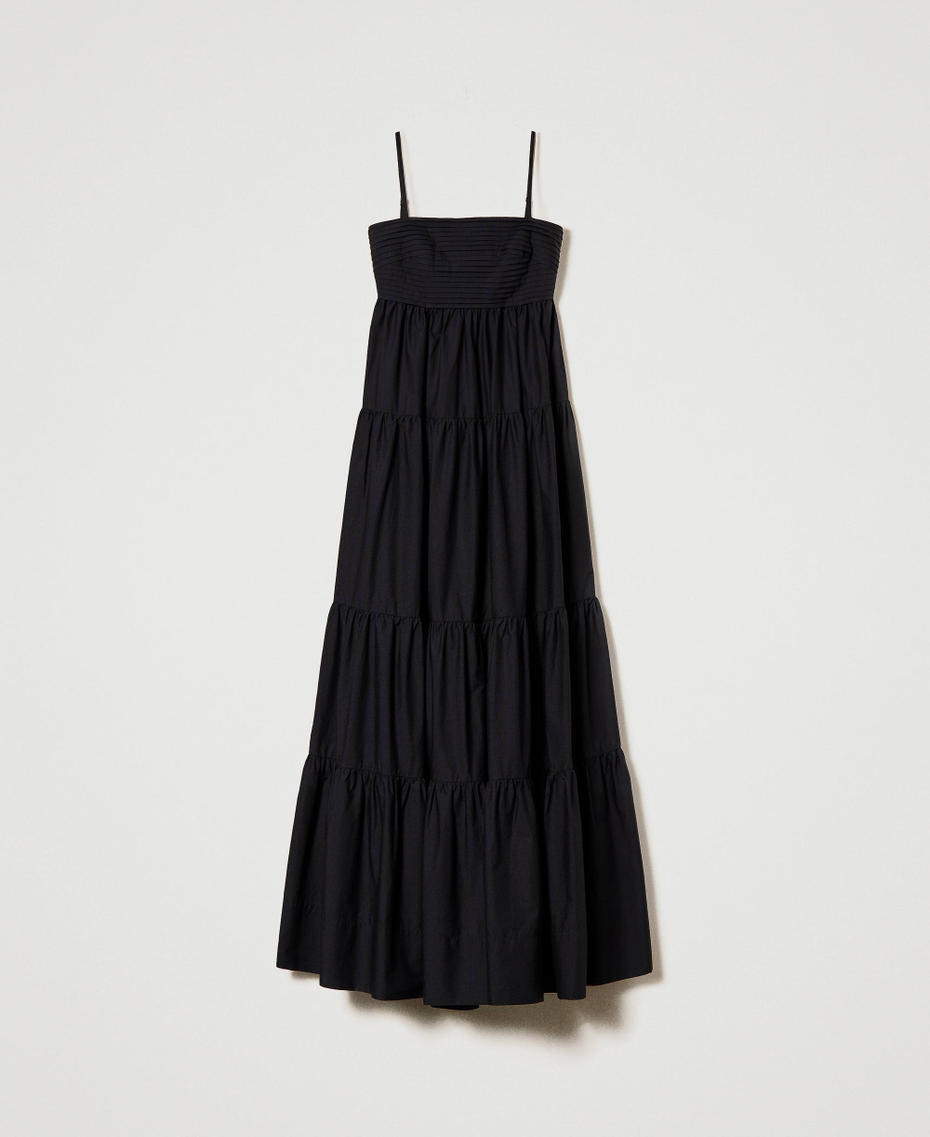 Long poplin dress with pleats and flounces Black Woman 241LM2QCC_00006_S0