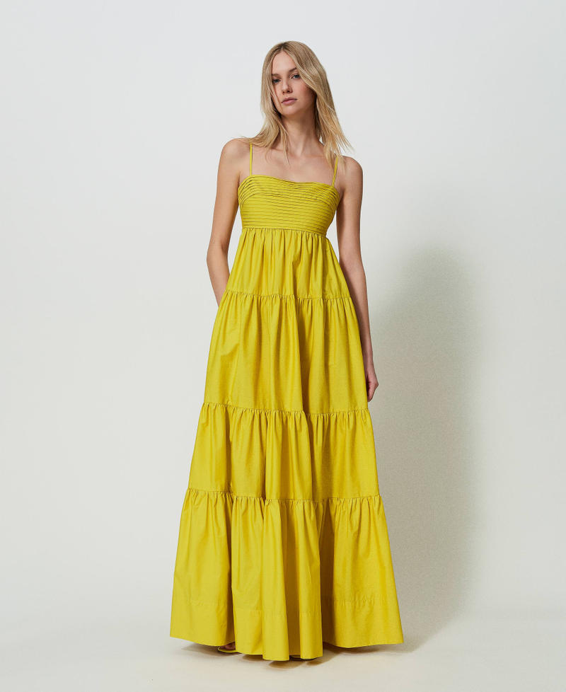 Robe longue en popeline avec plissé et volants