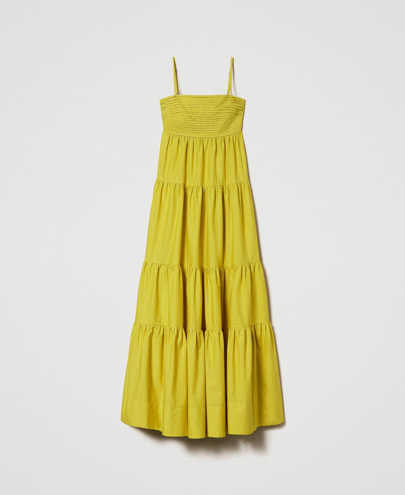 Long poplin dress with pleats and flounces