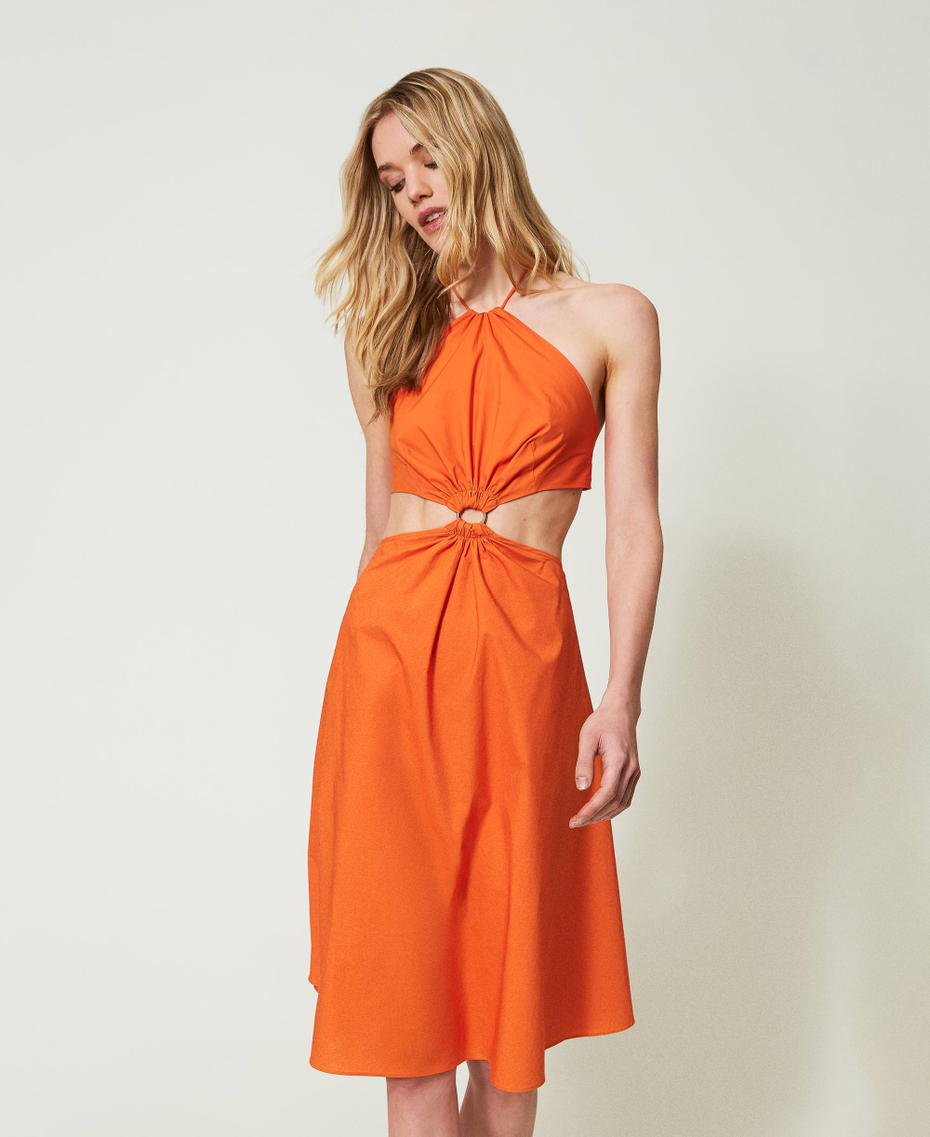 Poplin midi dress with cutout "Summer Orange" Woman 241LM2QDD_03366_01