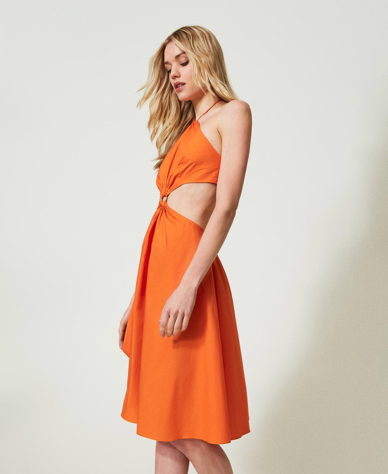 Poplin midi dress with cutout "Summer Orange" Woman 241LM2QDD_03366_02