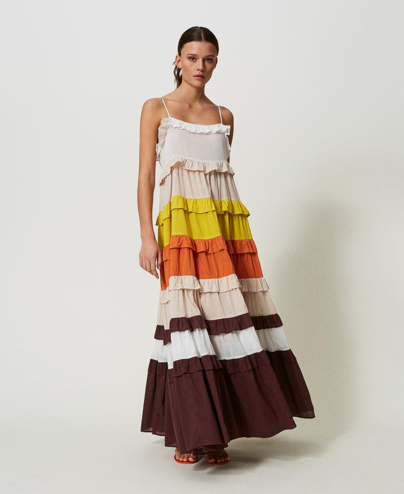 Long colour block muslin dress Star White / “Shell” Beige / Orange / “Chocolate” Brown Multicolour Woman 241LM2RBB-01