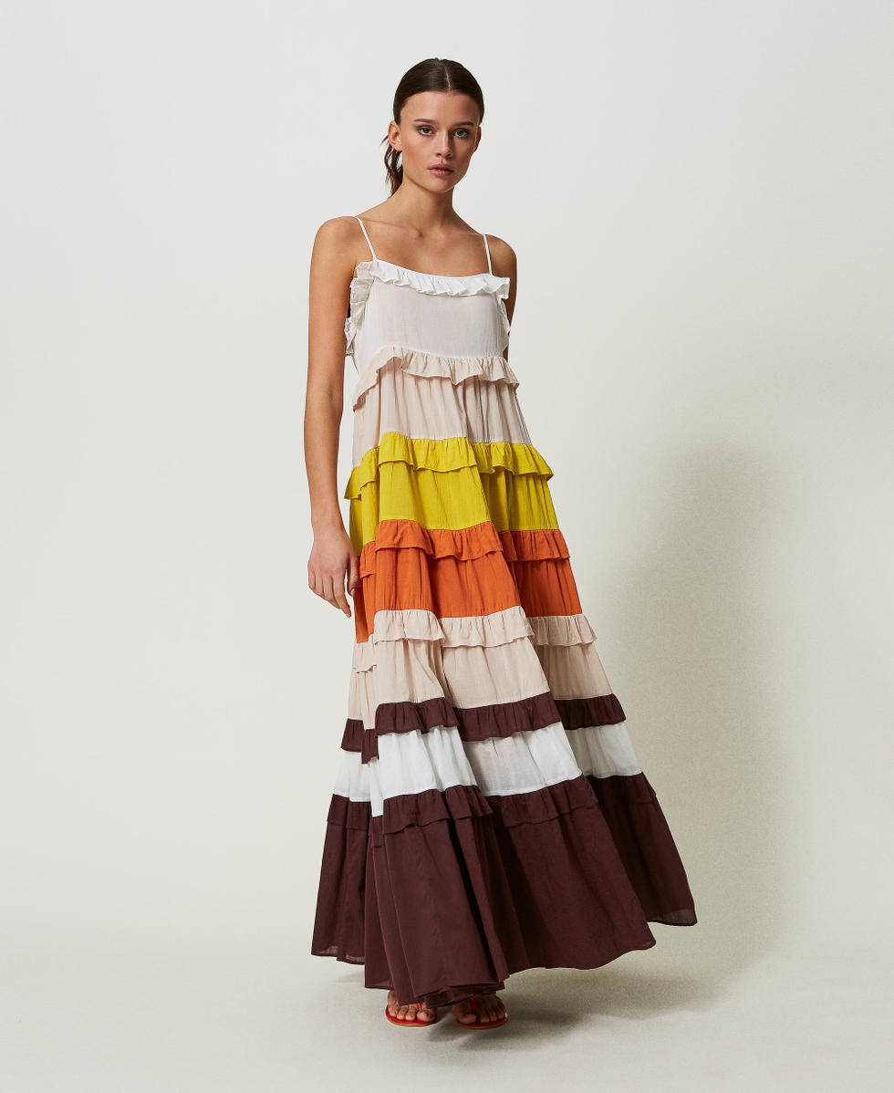 Vestido largo de muselina con bloques de color Multicolor Star White / Beige "Shell" / Orange / Marr&oacute;n "Chocolate" Mujer 241LM2RBB_11580_01