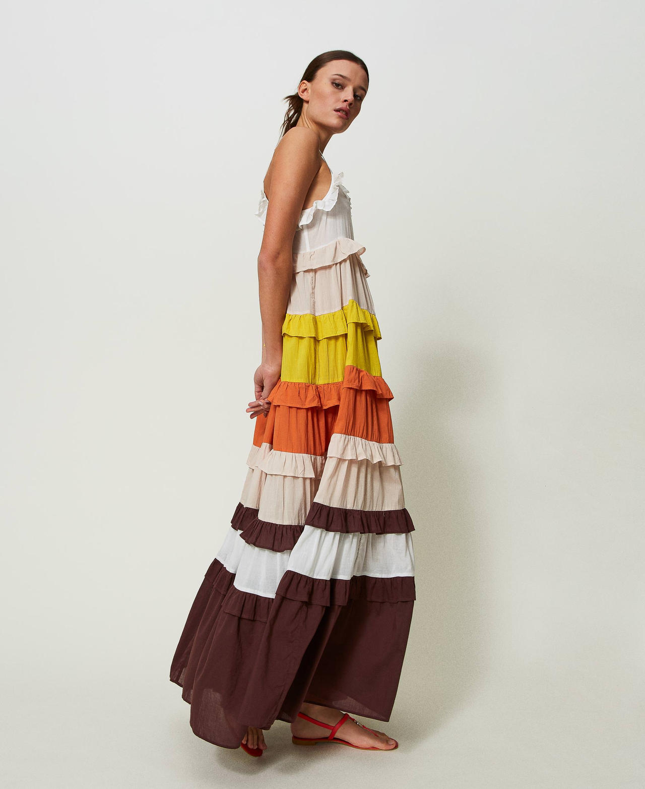 Long colour block muslin dress Star White / “Shell” Beige / Orange / “Chocolate” Brown Multicolour Woman 241LM2RBB-02