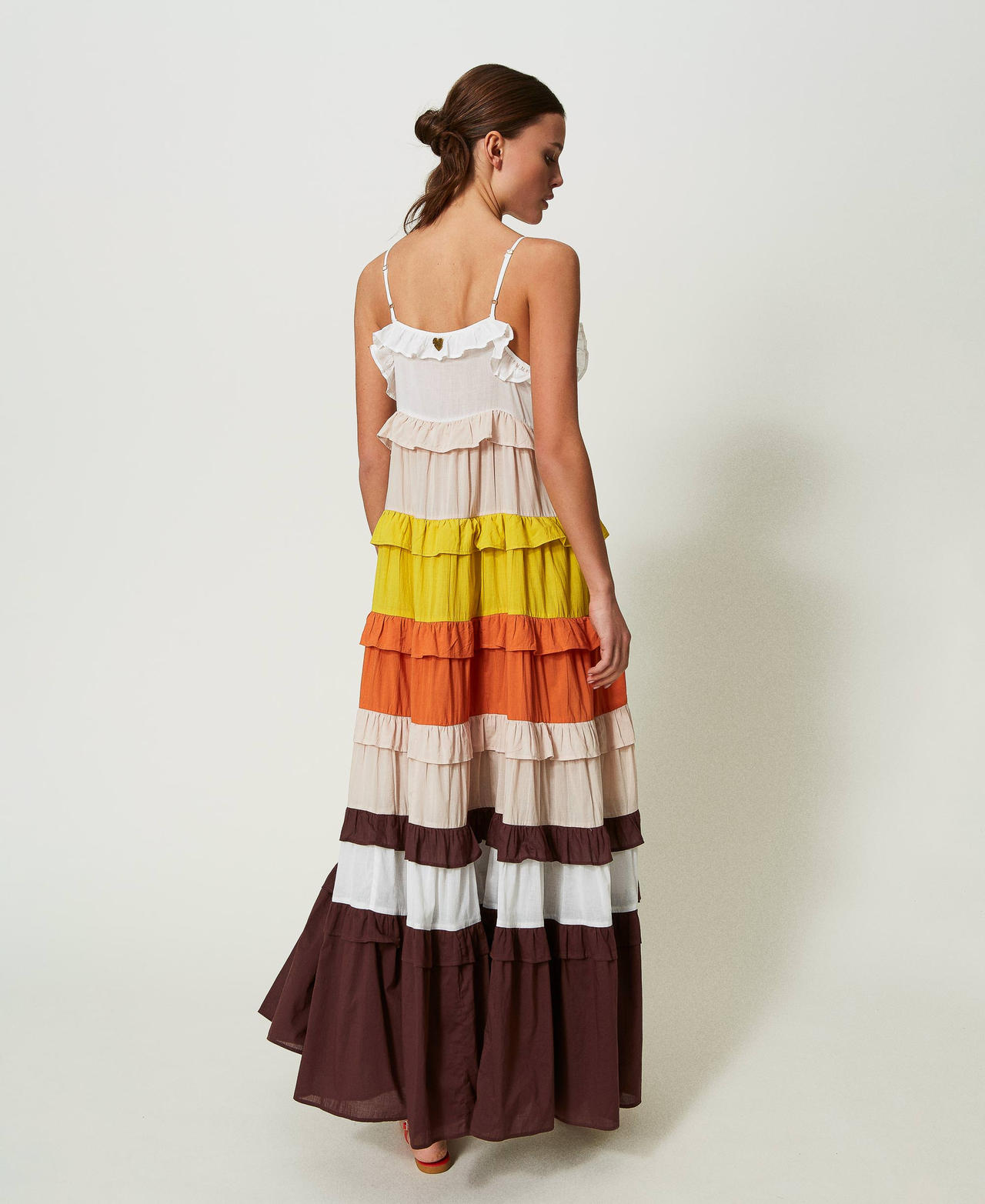 Long colour block muslin dress Star White / “Shell” Beige / Orange / “Chocolate” Brown Multicolour Woman 241LM2RBB-03