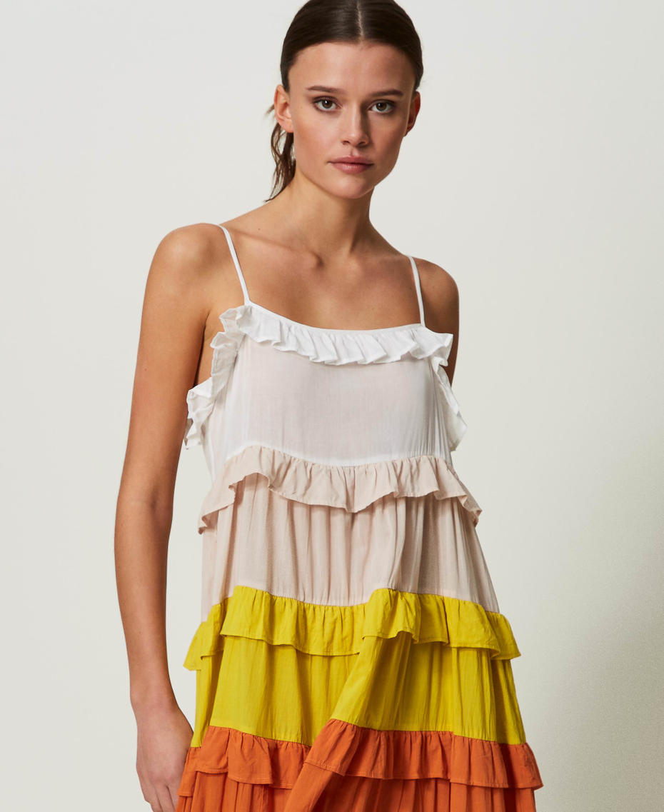 Long colour block muslin dress Star White / “Shell” Beige / Orange / “Chocolate” Brown Multicolour Woman 241LM2RBB-04
