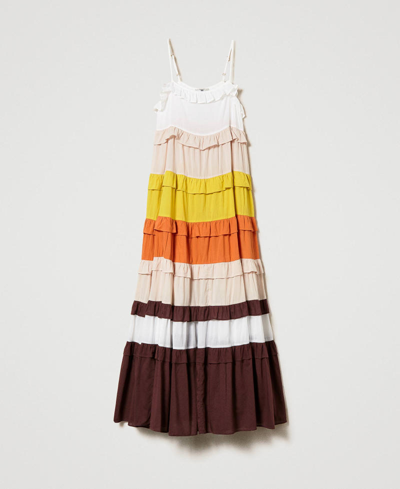 Длинное муслиновое платье в стиле колор-блок Разноцветный Звездный Белый / Бежевый "Ракушка" / Оранжевый / Коричневый "Шоколад" женщина 241LM2RBB-0S