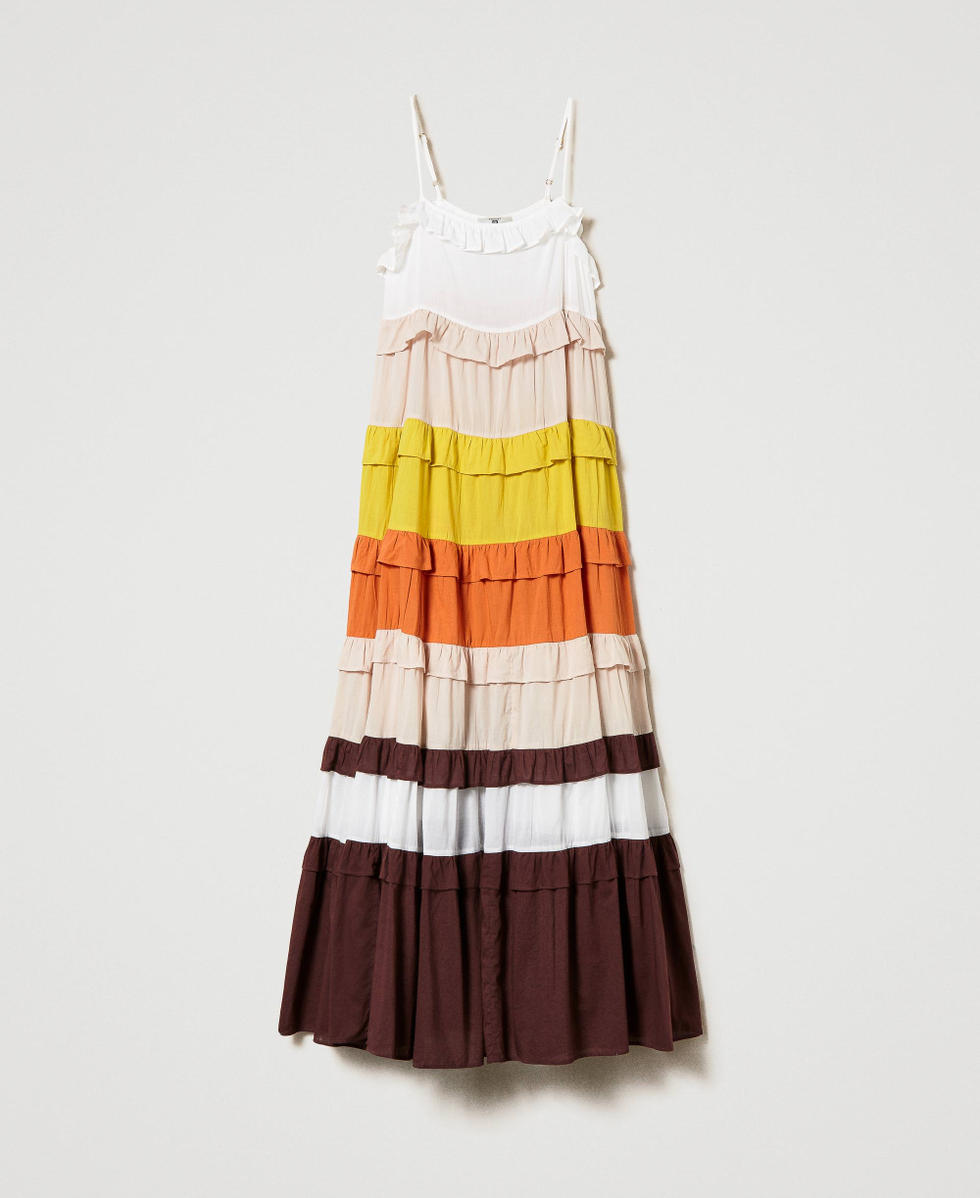 Vestido largo de muselina con bloques de color Multicolor Star White / Beige "Shell" / Orange / Marr&oacute;n "Chocolate" Mujer 241LM2RBB_11580_S0