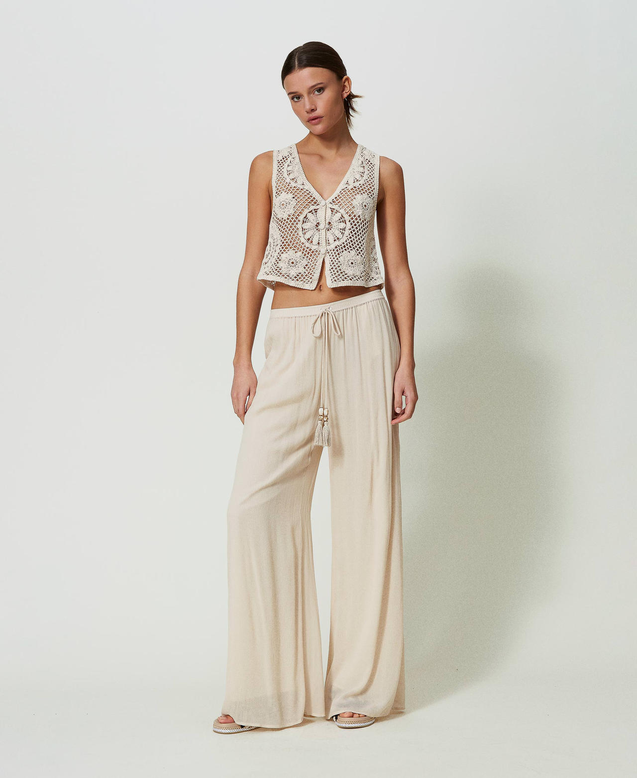Pantalon palazzo en cr&eacute;pon Beige "Coquillage" Femme 241LM2SBB_03705_01