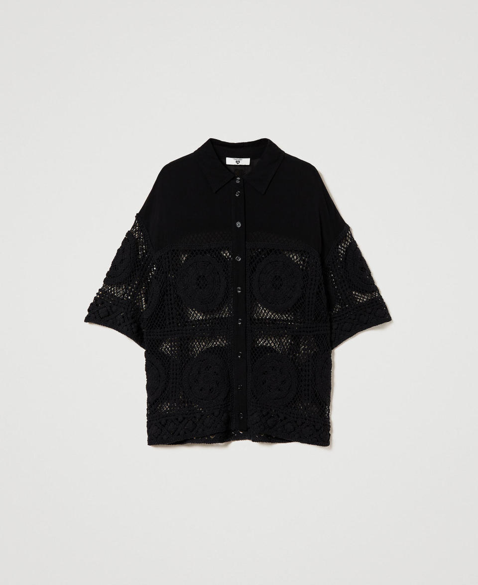 Camicia in creponne e crochet Nero Donna 241LM2UAA_00006_S0