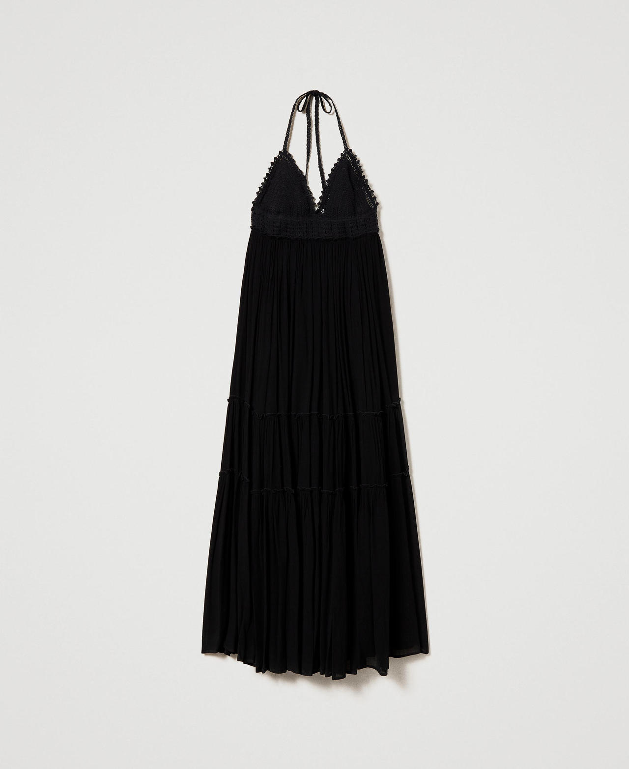 Robe longue en crépon et crochet Noir Femme 241LM2UBB-0S