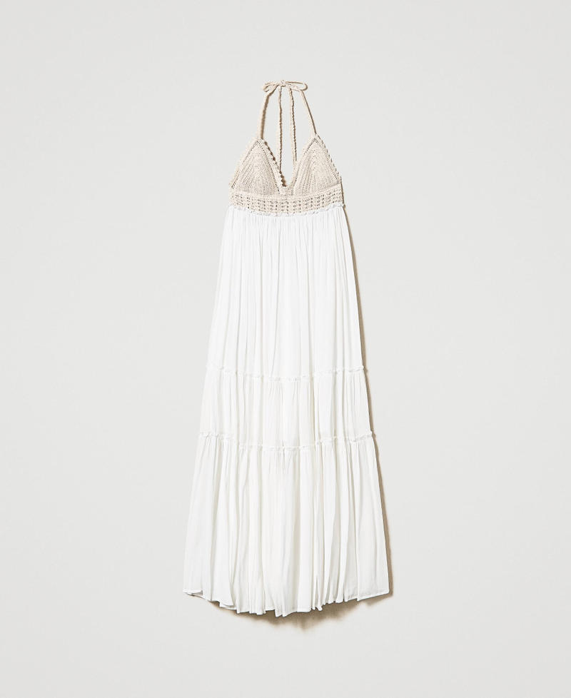 Maxikleid aus Krepon und H&auml;kelarbeiten Zweifarbig Star White / &bdquo;Shell&ldquo;-Beige Frau 241LM2UBB_11575_S0