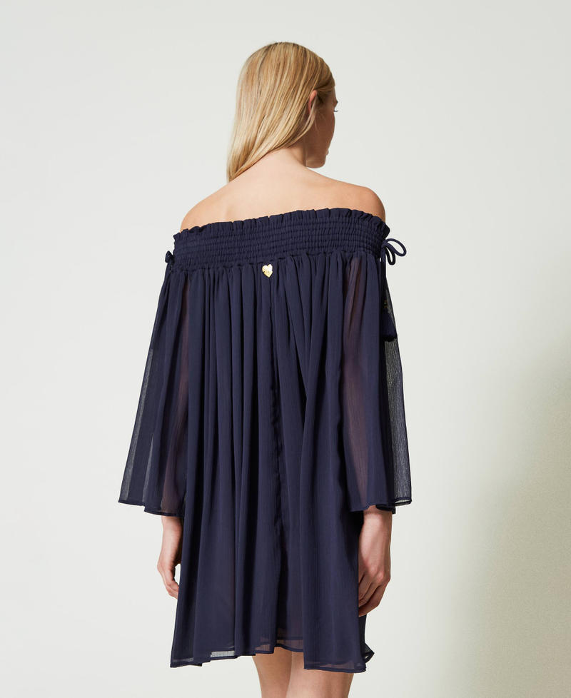 Robe En Crêpon Marron Bleu Bonheur - Taille 48, Motif Tartan - Manches Courtes, Longueur Midi - Occasion Très Bon état
