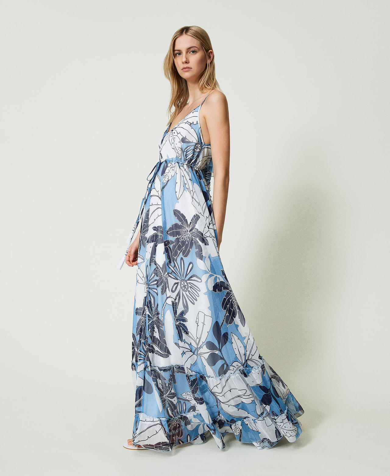 Long printed creponne dress Cornflower Exotic Print Woman 241LM2XAA_11576_01