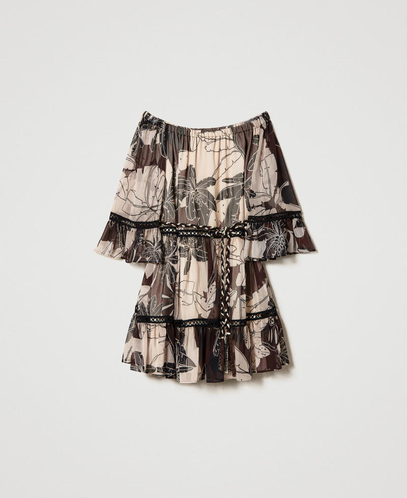 Short printed creponne dress “Bitter Chocolate" Brown Exotic Print Woman 241LM2XBB-0S
