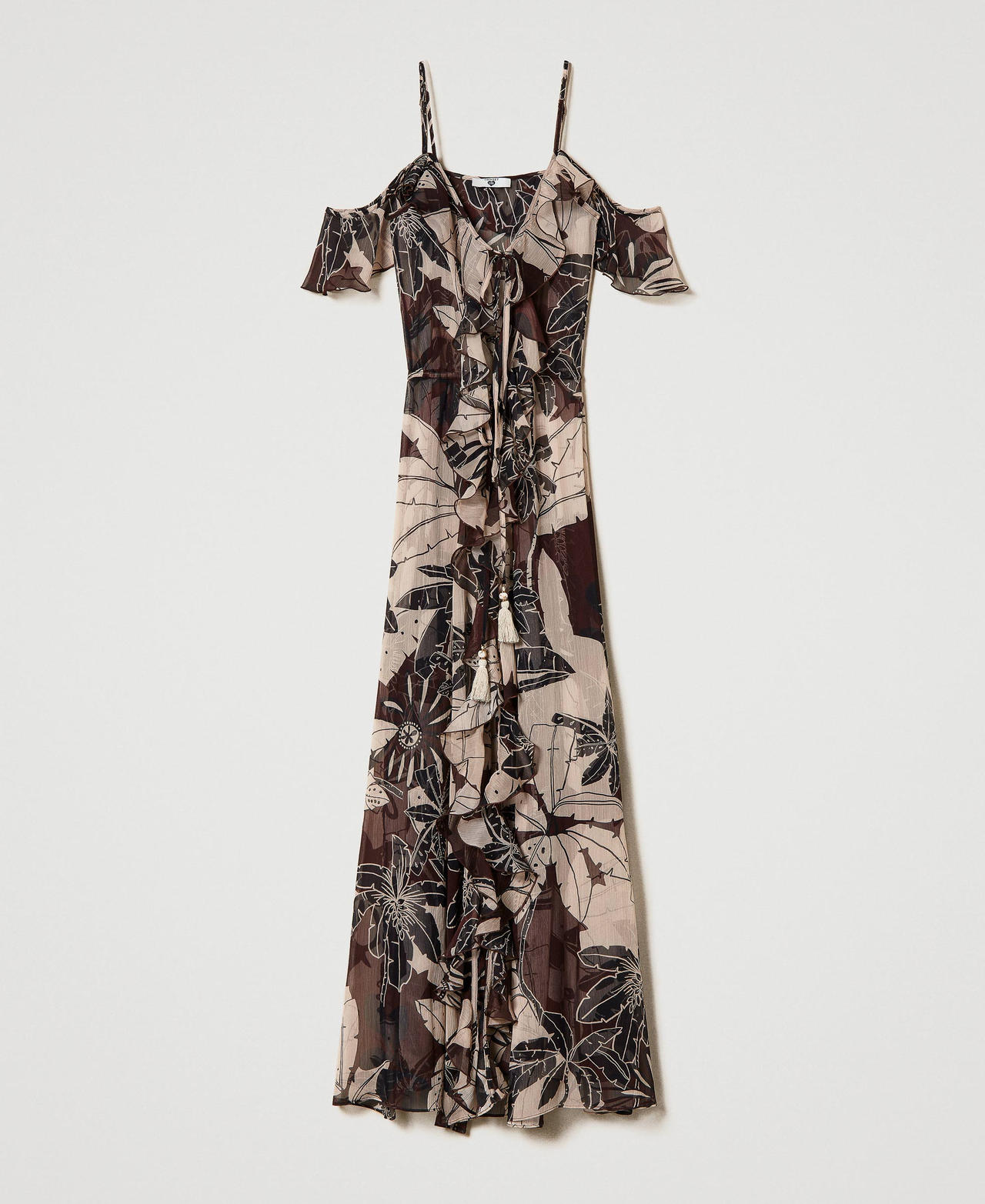 Длинное платье-кафтан из набивного крепона Принт Экзотический Коричневый "Горький шоколад" женщина 241LM2XCC-0S