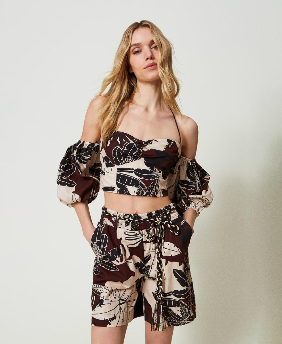 Cropped printed poplin top &ldquo;Bitter Chocolate" Brown Exotic Print Woman 241LM2YAA_11577_02