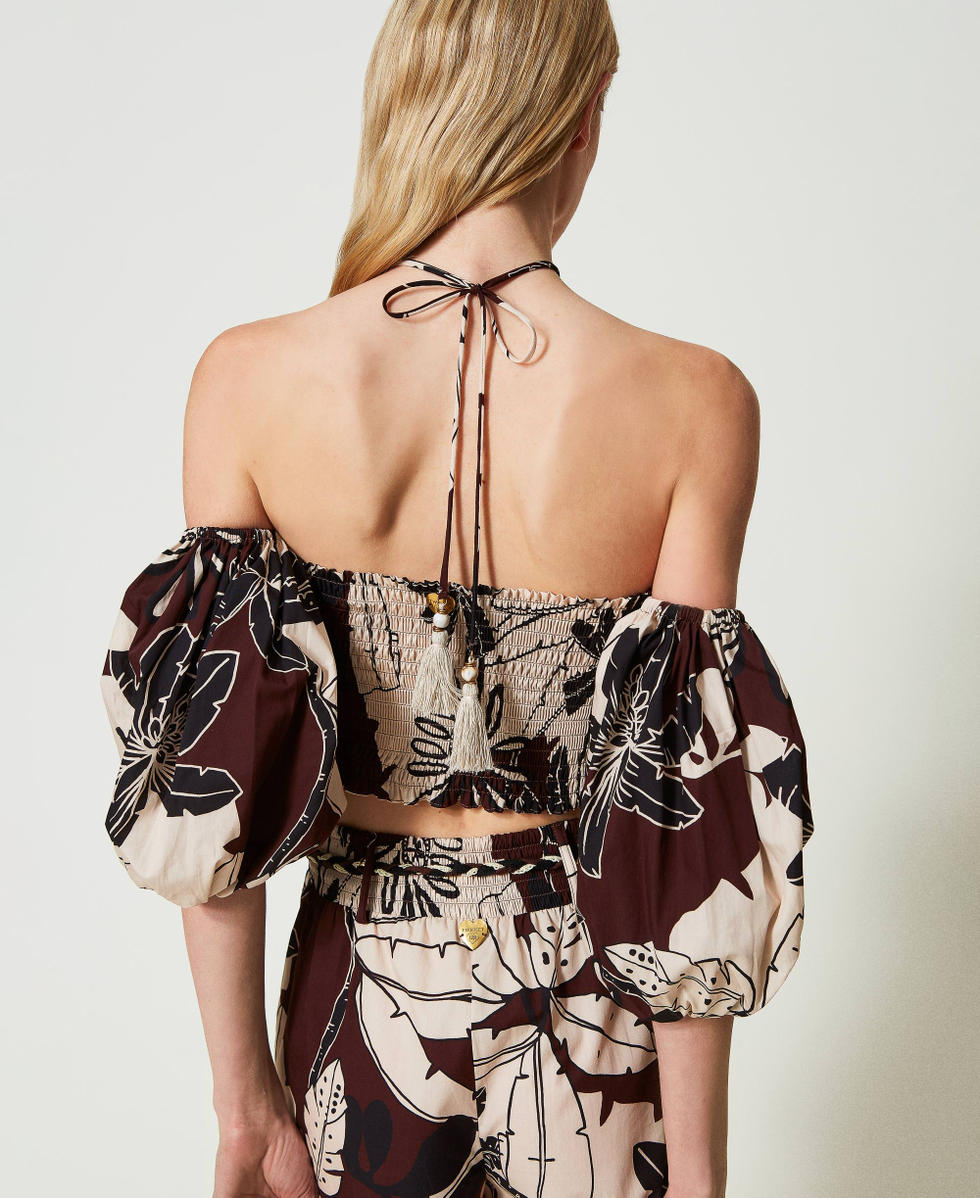 Cropped printed poplin top &ldquo;Bitter Chocolate" Brown Exotic Print Woman 241LM2YAA_11577_04