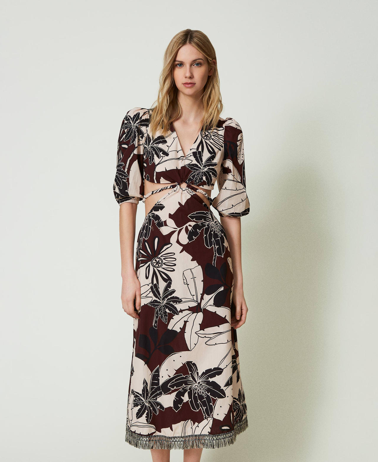 Printed poplin midi dress with cutout
