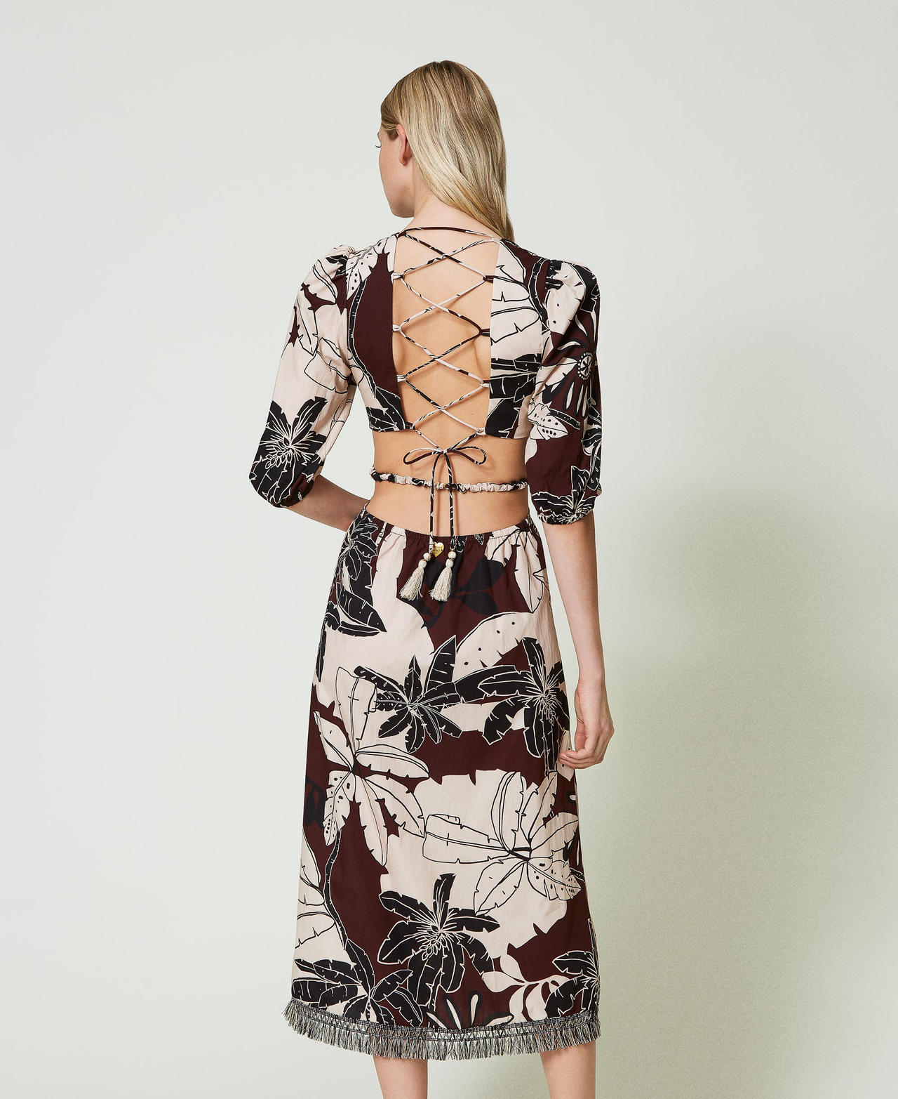 Robe midi en popeline imprimée avec découpes