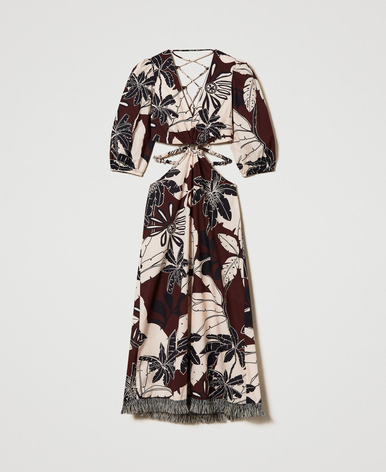 Printed poplin midi dress with cutout