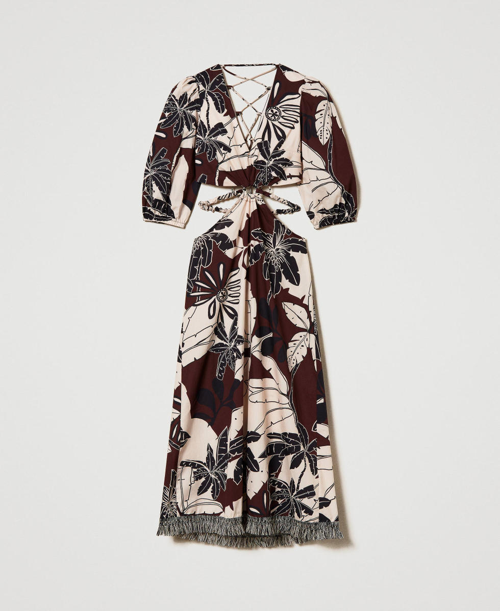 Vestido midi de popelina estampada con troquelado Estampado Exotic Marr&oacute;n "Bitter Chocolate" Mujer 241LM2YGG_11577_S0