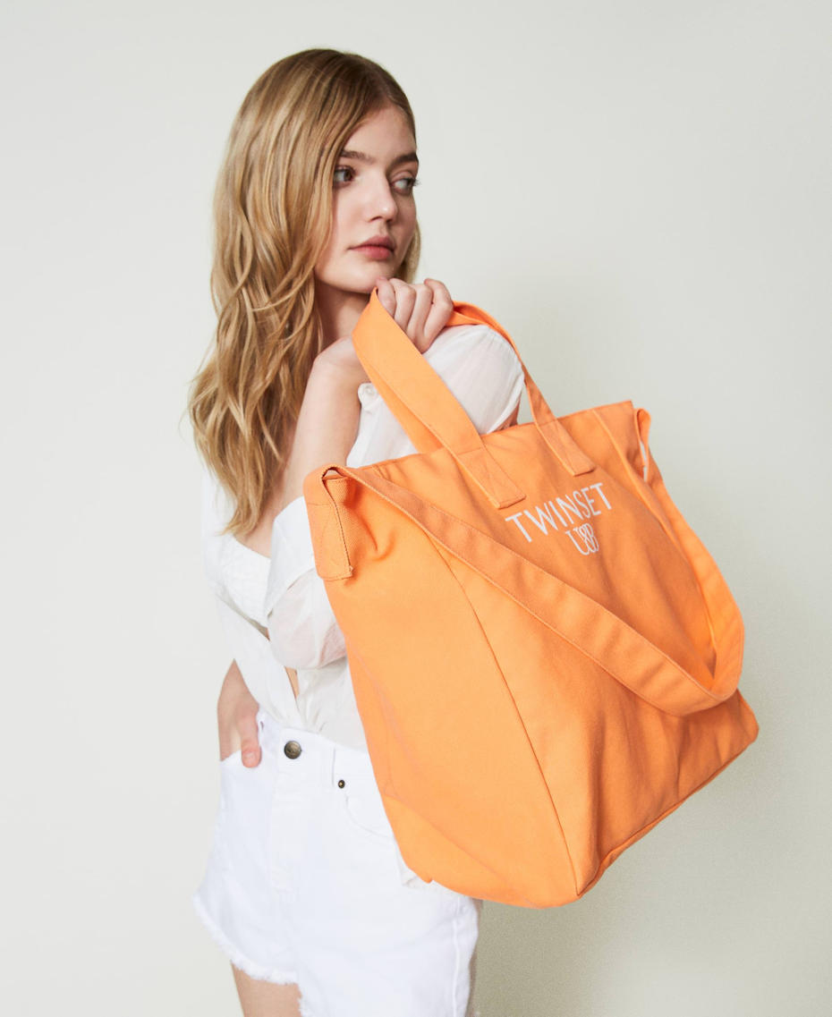 Canvas shopper with logo "Summer Orange" Woman 241LM8AAA_03366_S0